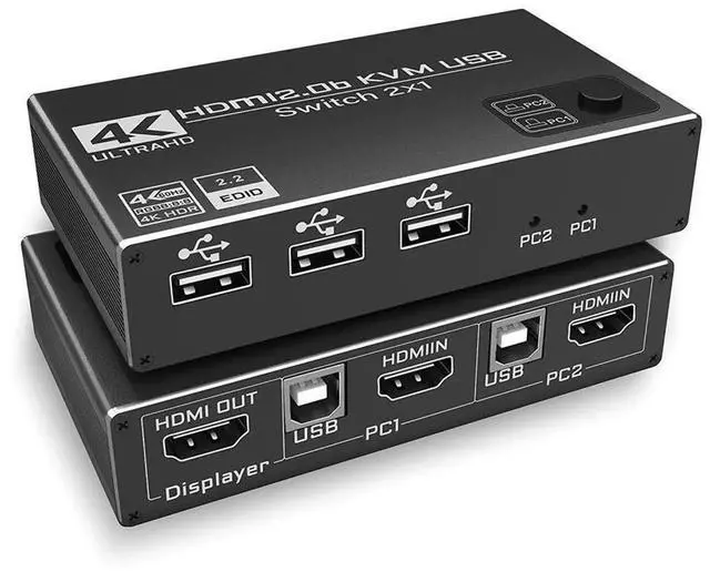 Main image of 2 Port HDMI KVM Switch 4K@60Hz 2 in 1 Out with 3 USB 2.0 Hub, Control 2 PCs with One Monitor Keyboard Mouse, USB HDMI KVM Switcher Includes 2 USB Cables for Laptop Desktop eokCXOY