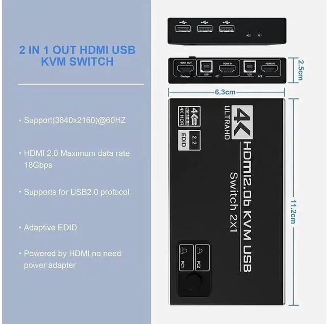 Alt view image 6 of 7 - 2 Port HDMI KVM Switch 4K@60Hz 2 in 1 Out with 3 USB 2.0 Hub, Control 2 PCs with One Monitor Keyboard Mouse, USB HDMI KVM Switcher Includes 2 USB Cables for Laptop Desktop eokCXOY
