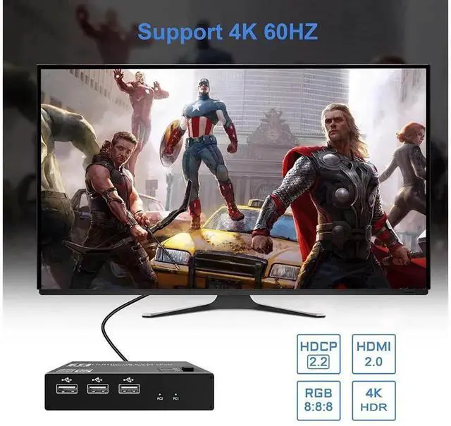 Alt view image 5 of 7 - 2 Port HDMI KVM Switch 4K@60Hz 2 in 1 Out with 3 USB 2.0 Hub, Control 2 PCs with One Monitor Keyboard Mouse, USB HDMI KVM Switcher Includes 2 USB Cables for Laptop Desktop eokCXOY