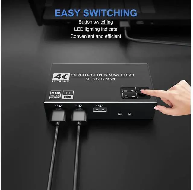 Alt view image 7 of 7 - 2 Port HDMI KVM Switch 4K@60Hz 2 in 1 Out with 3 USB 2.0 Hub, Control 2 PCs with One Monitor Keyboard Mouse, USB HDMI KVM Switcher Includes 2 USB Cables for Laptop Desktop eokCXOY