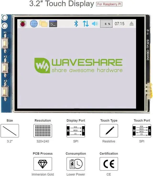 Alt view image 5 of 5 - 3.2 Inch SPI Resistive Touch Screen LCD Display 320x240 Resolution, Compatible with Raspberry Pi 4B 3B+ 3B 2B B+ A+ Zero Zero W WH Zero 2W All Series Boards