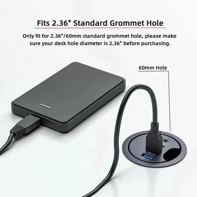 Alt view image 6 of 7 - 2.36 Inch 60mm Grommet Hole USB 3.0 Flush Mount Desktop Hub, Built-in 2 USB 3.0 Ports + 1 USB-C Port + 3.5mm Audio Jack, Table Embedded Socket for Office Conference Desk