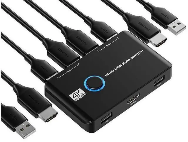 Main image of 2 Port HDMI KVM Switch 4K@60Hz, 2 Computers Share 1 Monitor Keyboard Mouse with One Button Control, Plug and Play KVM Switcher Includes 2 HDMI Cables & 2 USB Cables for Desktop Laptop
