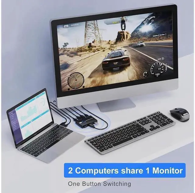 Alt view image 4 of 7 - 2 Port HDMI KVM Switch 4K@60Hz, 2 Computers Share 1 Monitor Keyboard Mouse with One Button Control, Plug and Play KVM Switcher Includes 2 HDMI Cables & 2 USB Cables for Desktop Laptop