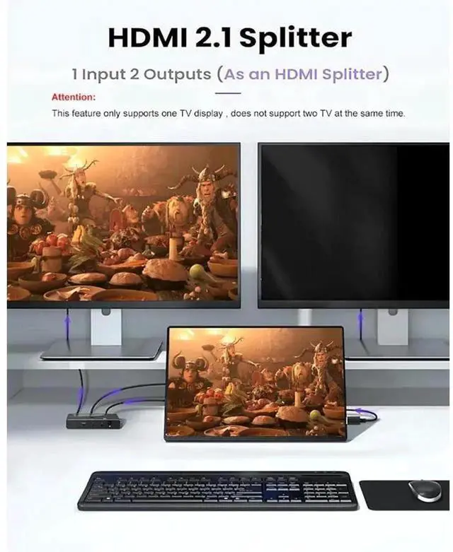Alt view image 3 of 6 - 2 in 1 Out Bi-Directional HDMI 2.1 Switch, 8K@60Hz 4K@120Hz 1080P@240Hz HDMI Switcher, Supports 1 Input to 2 Outputs or 2 Sources to 1 Display for Game Consoles HDTV Projector