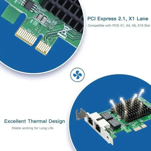 Alt view image 4 of 7 - Dual Port Gigabit PCIe X1 Ethernet Network Card with Intel 82576 Controller Chip, Equivalent to Intel E1G42ET, 2×RJ45 Gigabit Ports, PCI Express 2.1 X1 Slot, Comes with Low Profile Bracket for Windows