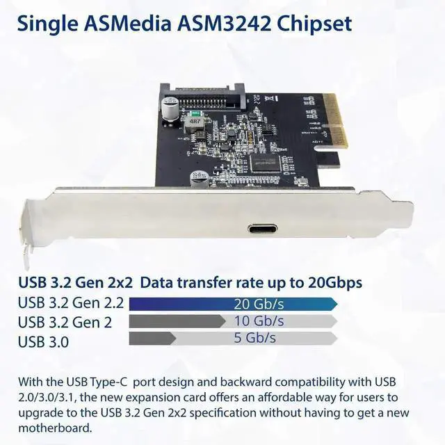 Alt view image 4 of 5 - PCIe 3.0 X4 USB-C 3.2 Gen 2x2 Expansion Card ASMedia ASM3242 Chip, 20Gbps Type-C Port with SATA Power Supply, Low Profile Bracket for Windows macOS Linux Desktop PC Upgrade