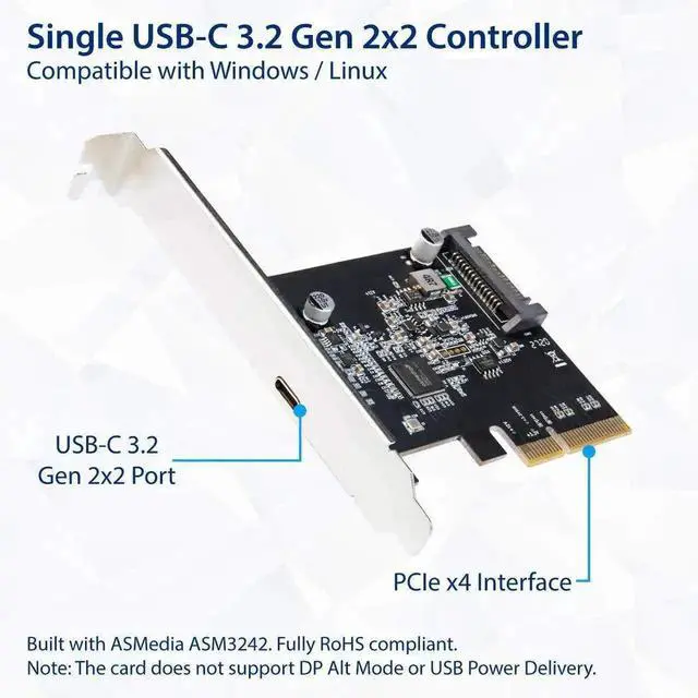 Alt view image 3 of 5 - PCIe 3.0 X4 USB-C 3.2 Gen 2x2 Expansion Card ASMedia ASM3242 Chip, 20Gbps Type-C Port with SATA Power Supply, Low Profile Bracket for Windows macOS Linux Desktop PC Upgrade