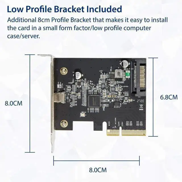 Alt view image 2 of 5 - PCIe 3.0 X4 USB-C 3.2 Gen 2x2 Expansion Card ASMedia ASM3242 Chip, 20Gbps Type-C Port with SATA Power Supply, Low Profile Bracket for Windows macOS Linux Desktop PC Upgrade