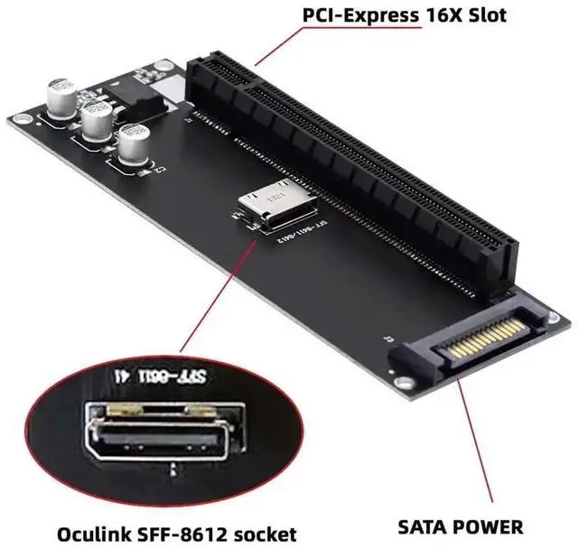 Alt view image 3 of 7 - Oculink SFF-8611 SFF-8612 to PCIe X16 X4 Adapter Card with SATA Power Port, Convert OCuLink Interface for Motherboard External Graphics Card eGPU Expansion