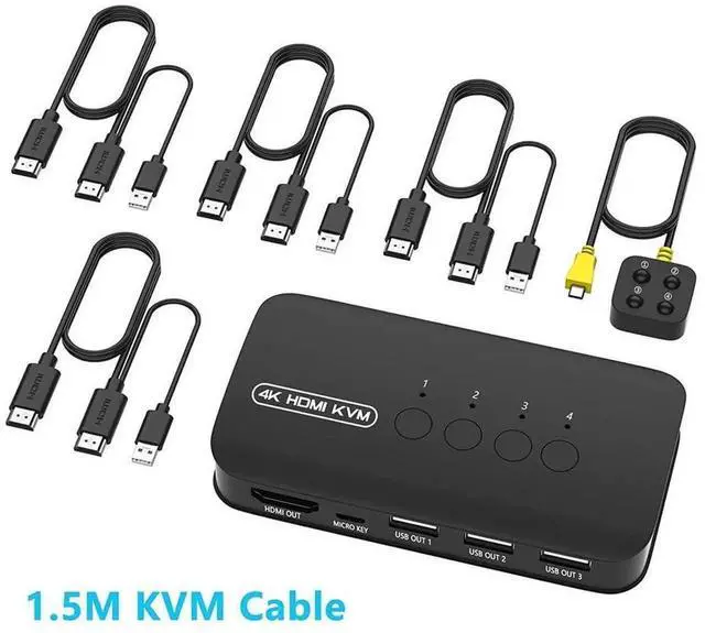 Alt view image 2 of 7 - 4 Port HDMI KVM Switch with 3 USB 2.0 Ports, 4K 30Hz HDMI USB Switcher for 4 PCs Sharing Monitor Keyboard Mouse, Includes 4 KVM Cables & Desktop Push Button Controller