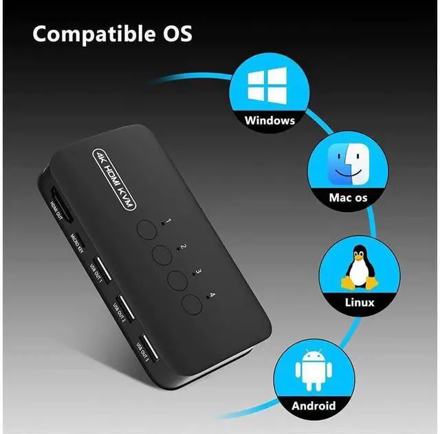 Alt view image 6 of 7 - 4 Port HDMI KVM Switch with 3 USB 2.0 Ports, 4K 30Hz HDMI USB Switcher for 4 PCs Sharing Monitor Keyboard Mouse, Includes 4 KVM Cables & Desktop Push Button Controller