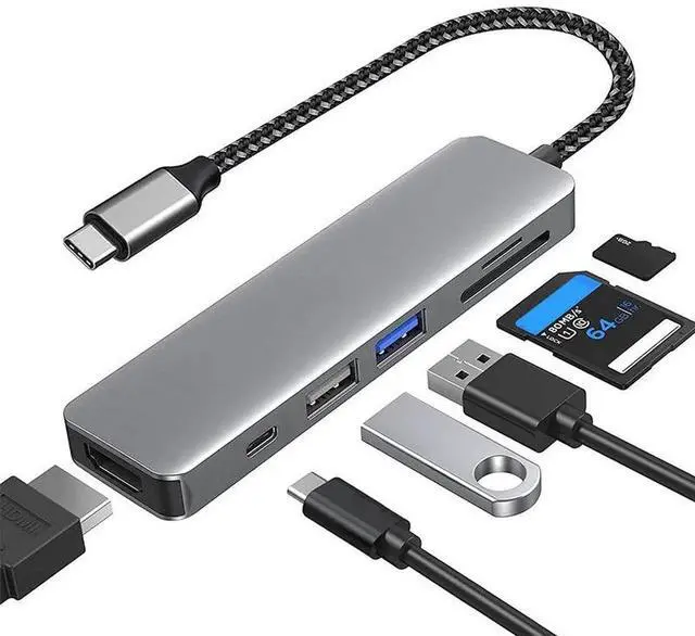 Main image of 6-in-1 USB C Multiport Hub, Type C Adapter with HDMI Output, USB3.0, USB2.0, SD TF Card Reader & 100W PD Charging Port, Nylon Braided Portable Docking Station for Laptops & PCs, Gray