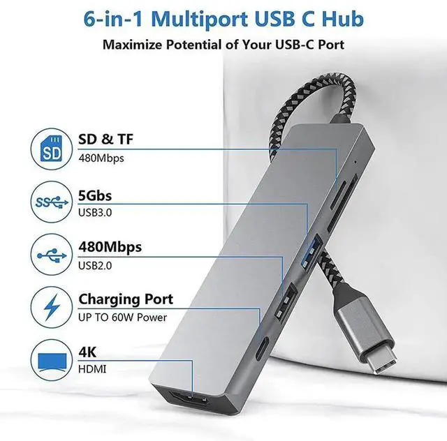 Alt view image 2 of 3 - 6-in-1 USB C Multiport Hub, Type C Adapter with HDMI Output, USB3.0, USB2.0, SD TF Card Reader & 100W PD Charging Port, Nylon Braided Portable Docking Station for Laptops & PCs, Gray