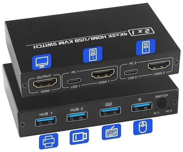 Main image of 2 Port HDMI KVM Switch 4K@30Hz, 2 in 1 Out KVM HDMI Switcher for 2 PCs Sharing One Monitor, Keyboard, Mouse & Printer, Equipped with 2 Pack USB 2.0 Connection Cables
