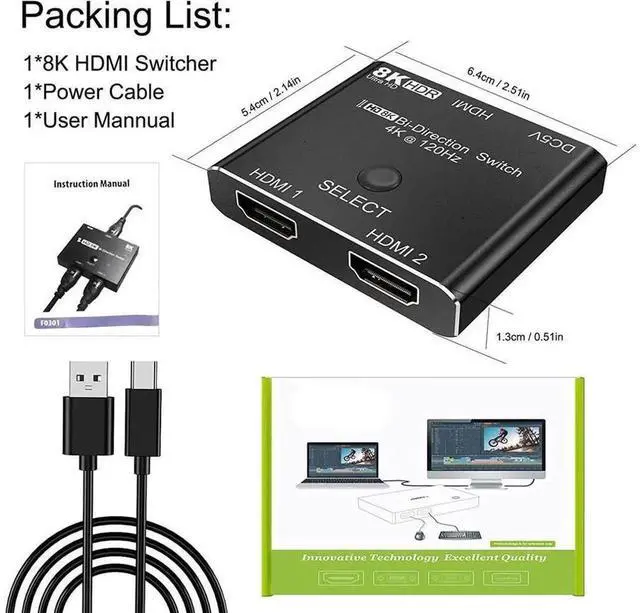 Alt view image 7 of 7 - Bi-Directional HDMI 2.1 Switch 8K 48Gbps, 2 in 1 Out Switcher & 1 in 2 Out Splitter, Supports 8K@60Hz, 4K@120Hz, HDCP2.3, ARC, VRR for PS5, Xbox Series X, 8K TV, Monitor and Projector