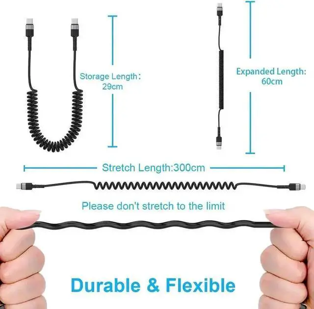 Alt view image 5 of 7 - 6FT Coiled USB-C to USB-C Fast Charging Cable 60W PD Power Delivery Retractable Spring Type C Cord for Car Use, Compatible with Samsung S21 S21+ S20 Ultra Note20, Google Pixel 4 3 XL, MacBook Pro Air