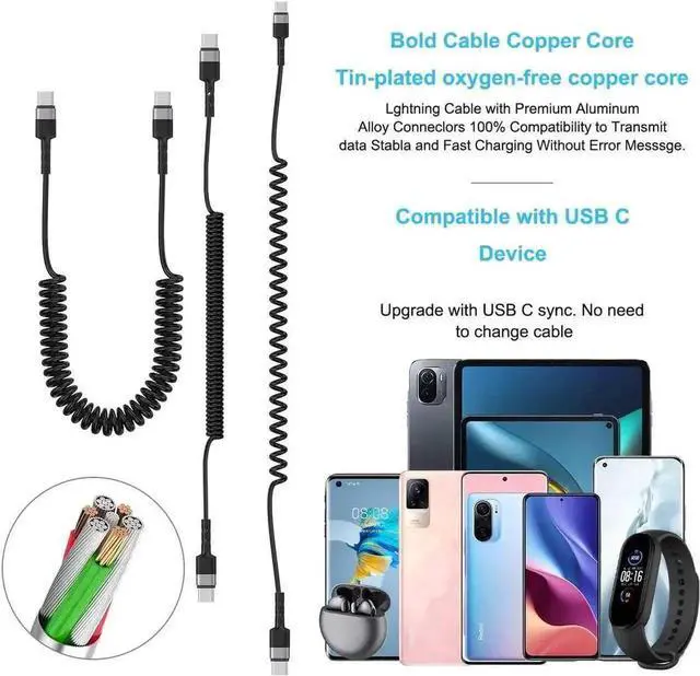 Alt view image 2 of 7 - 6FT Coiled USB-C to USB-C Fast Charging Cable 60W PD Power Delivery Retractable Spring Type C Cord for Car Use, Compatible with Samsung S21 S21+ S20 Ultra Note20, Google Pixel 4 3 XL, MacBook Pro Air
