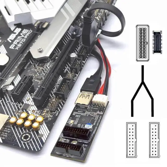 Alt view image 6 of 7 - Dual Ports USB 3.0 19/20Pin Internal Header Splitter Cable, 5Gbps 19Pin 20Pin Motherboard Header to Type-E PCBA Adapter Hub for Front Panel USB Port Expansion