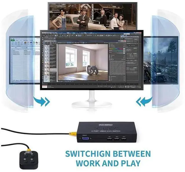 Alt view image 4 of 6 - 4 Port VGA USB KVM Switch Box, 4 PCs Share 1 VGA Monitor and 3 USB Ports for Keyboard, Mouse, Scanner & Printer, Comes with 4 Pack KVM Connection Cables and External Desktop Controller