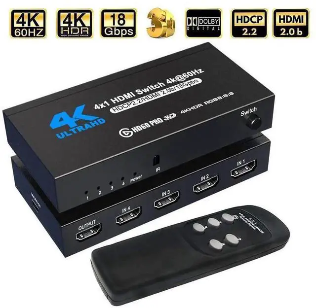 Main image of 4 Port HDMI 2.0 Switch 4 in 1 Out Metal Housing with IR Remote Control, 4K@60Hz HDMI Switch Splitter Supports HDCP 2.2, 3D 2160P 1080P, Compatible with PS3 PS4 Xbox Game Consoles Model eokCXOY