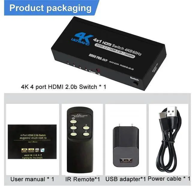 Alt view image 3 of 7 - 4 Port HDMI 2.0 Switch 4 in 1 Out Metal Housing with IR Remote Control, 4K@60Hz HDMI Switch Splitter Supports HDCP 2.2, 3D 2160P 1080P, Compatible with PS3 PS4 Xbox Game Consoles Model eokCXOY