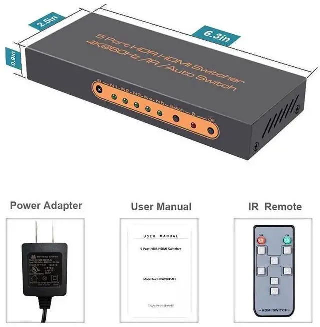 Alt view image 4 of 7 - 5 Ports HDMI 2.0 Switch 5 In 1 Out with IR Remote Control, 5x1 HDMI Switch Splitter Supports 4K@60Hz HDR HDCP 2.2, 2K 1080P 3D UHD, Compatible with PS3 PS4 Xbox One 360 DVD Player HDTV Projector