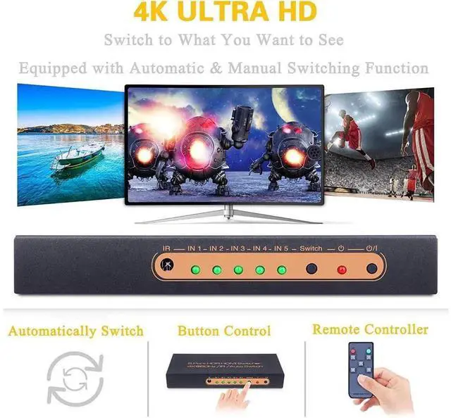 Alt view image 2 of 7 - 5 Ports HDMI 2.0 Switch 5 In 1 Out with IR Remote Control, 5x1 HDMI Switch Splitter Supports 4K@60Hz HDR HDCP 2.2, 2K 1080P 3D UHD, Compatible with PS3 PS4 Xbox One 360 DVD Player HDTV Projector
