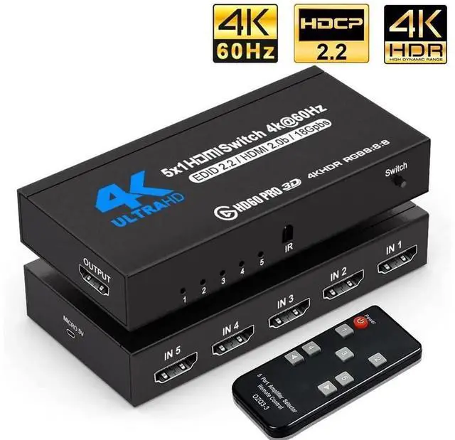 Main image of 5 Port Metal HDMI 2.0 Switch 5 in 1 Out with IR Remote Control, 5x1 HDMI Switch Splitter Supports 4K@60Hz HDCP 2.2, 3D 2160P 1080P UHD HDR, Compatible with PS3 PS4 Xbox Game Consoles Model OZQ3-4 eokC