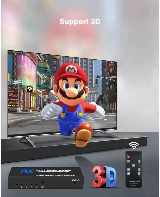 Alt view image 2 of 7 - 5 Port Metal HDMI 2.0 Switch 5 in 1 Out with IR Remote Control, 5x1 HDMI Switch Splitter Supports 4K@60Hz HDCP 2.2, 3D 2160P 1080P UHD HDR, Compatible with PS3 PS4 Xbox Game Consoles Model OZQ3-4 eokC