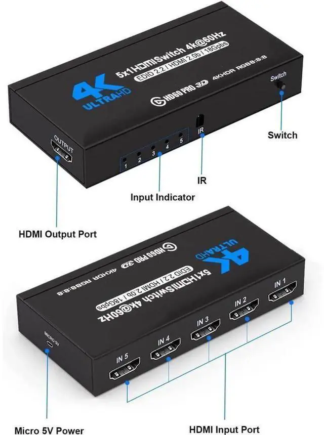 Alt view image 3 of 7 - 5 Port Metal HDMI 2.0 Switch 5 in 1 Out with IR Remote Control, 5x1 HDMI Switch Splitter Supports 4K@60Hz HDCP 2.2, 3D 2160P 1080P UHD HDR, Compatible with PS3 PS4 Xbox Game Consoles Model OZQ3-4 eokC