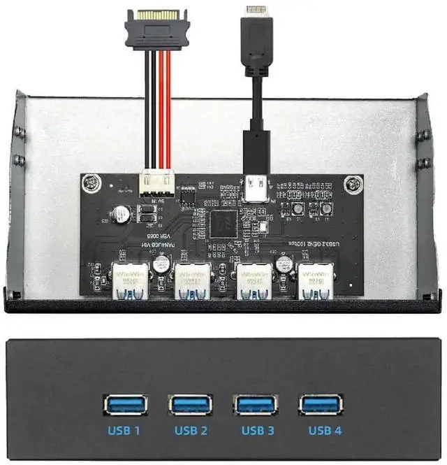 Main image of 10Gbps 4 Ports Front Panel USB 3.1 Hub, USB Type-A + Type-C to Motherboard Type-E Internal Cable, 5.25 Inch CD-ROM Drive Bay Mount Expansion Adapter for Desktop PC Case
