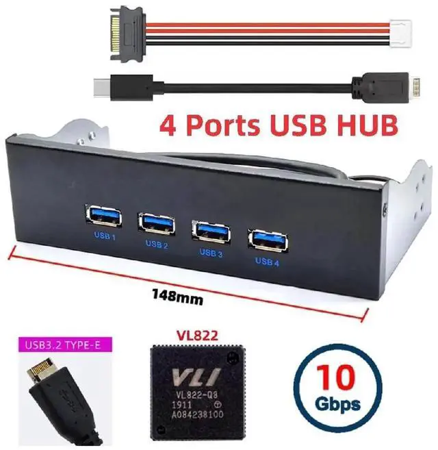 Alt view image 4 of 7 - 10Gbps 4 Ports Front Panel USB 3.1 Hub, USB Type-A + Type-C to Motherboard Type-E Internal Cable, 5.25 Inch CD-ROM Drive Bay Mount Expansion Adapter for Desktop PC Case
