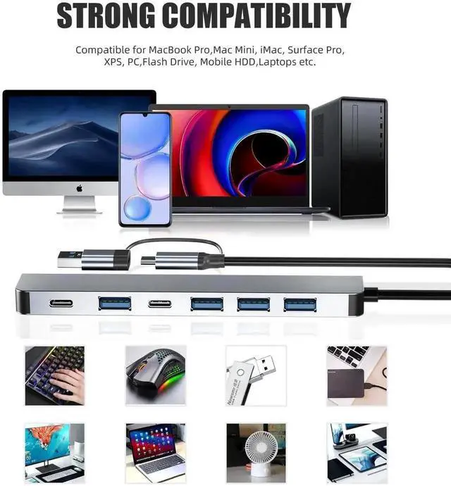 Alt view image 6 of 7 - 7 in 1 Aluminum USB C Multiport Hub Adapter, Upgrade USB 3.0 & USB 2.0 Combo Expansion Hub, Portable Type-C Docking Station Compatible with MacBook Pro Air, iMac, iPad, Windows Laptops and More Type-C