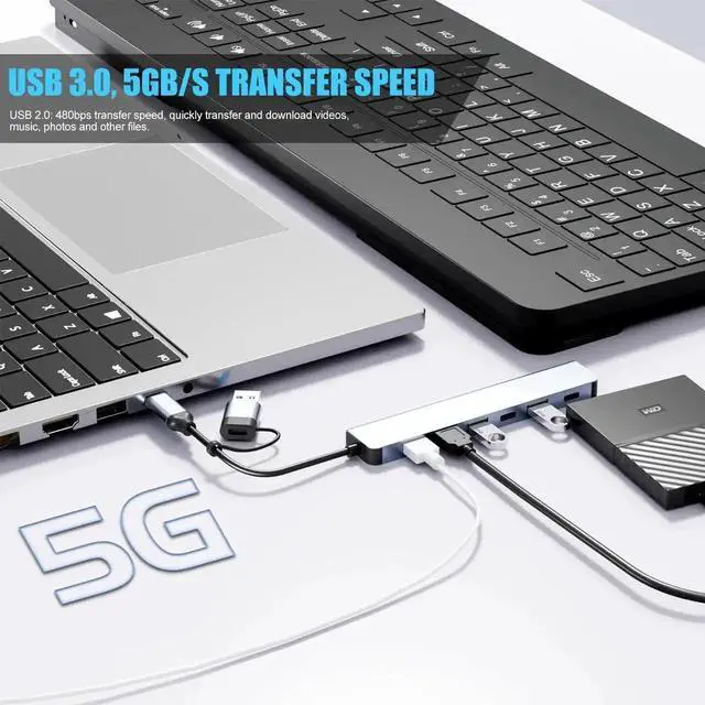 Alt view image 2 of 7 - 7 in 1 Aluminum USB C Multiport Hub Adapter, Upgrade USB 3.0 & USB 2.0 Combo Expansion Hub, Portable Type-C Docking Station Compatible with MacBook Pro Air, iMac, iPad, Windows Laptops and More Type-C