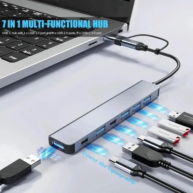 Alt view image 3 of 7 - 7 in 1 Aluminum USB C Multiport Hub Adapter, Upgrade USB 3.0 & USB 2.0 Combo Expansion Hub, Portable Type-C Docking Station Compatible with MacBook Pro Air, iMac, iPad, Windows Laptops and More Type-C