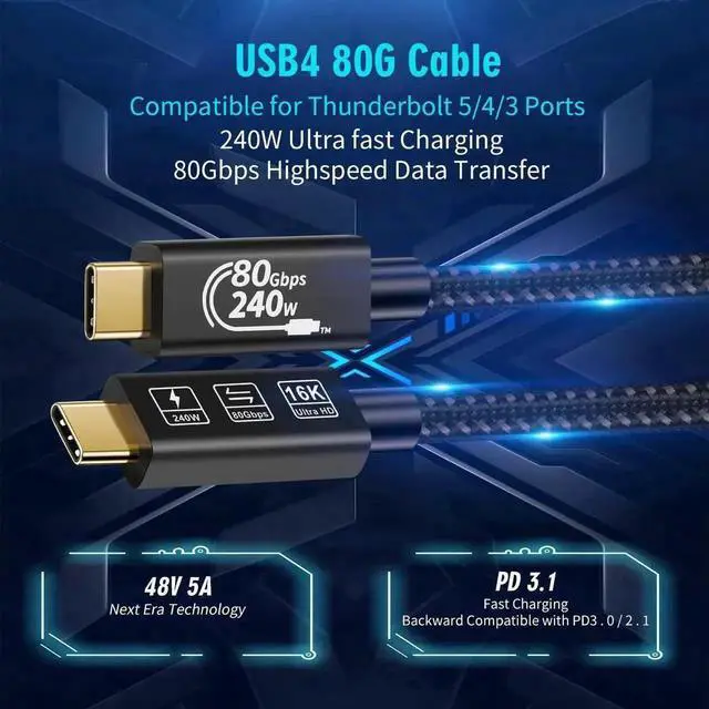 Alt view image 4 of 7 - 1.5M USB4 Gen4 Thunderbolt 5 USB-C to USB-C Cable, 80Gbps High Speed Data Transfer, 240W PD Fast Charging, Supports 16K@60Hz & 4K@120Hz HDR Video for Laptop, Docking Station, External SSD and Monitor