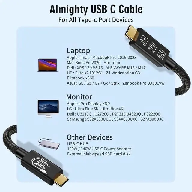 Alt view image 3 of 7 - 1.5M USB4 Gen4 Thunderbolt 5 USB-C to USB-C Cable, 80Gbps High Speed Data Transfer, 240W PD Fast Charging, Supports 16K@60Hz & 4K@120Hz HDR Video for Laptop, Docking Station, External SSD and Monitor