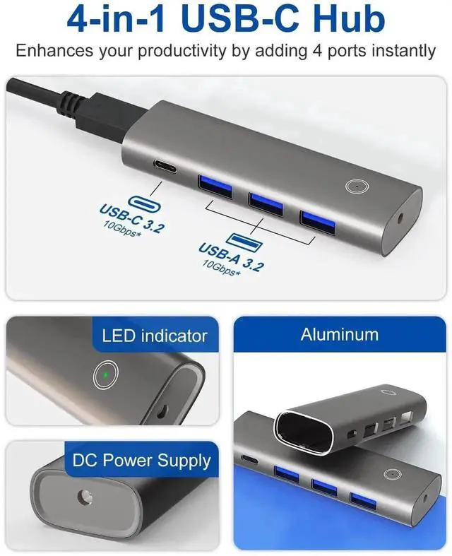 Alt view image 7 of 7 - 4 Port Aluminum USB-C to USB-A Hub, USB 3.2 Gen 2 SuperSpeed 10Gbps Multiport Expander, Portable Type-C Data Hub Compatible with MacBook, Windows Laptops, Desktop PC, iPhone 15 16 Pro Max and Other Ty
