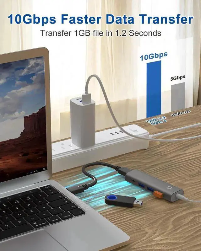 Alt view image 5 of 7 - 4 Port Aluminum USB-C to USB-A Hub, USB 3.2 Gen 2 SuperSpeed 10Gbps Multiport Expander, Portable Type-C Data Hub Compatible with MacBook, Windows Laptops, Desktop PC, iPhone 15 16 Pro Max and Other Ty