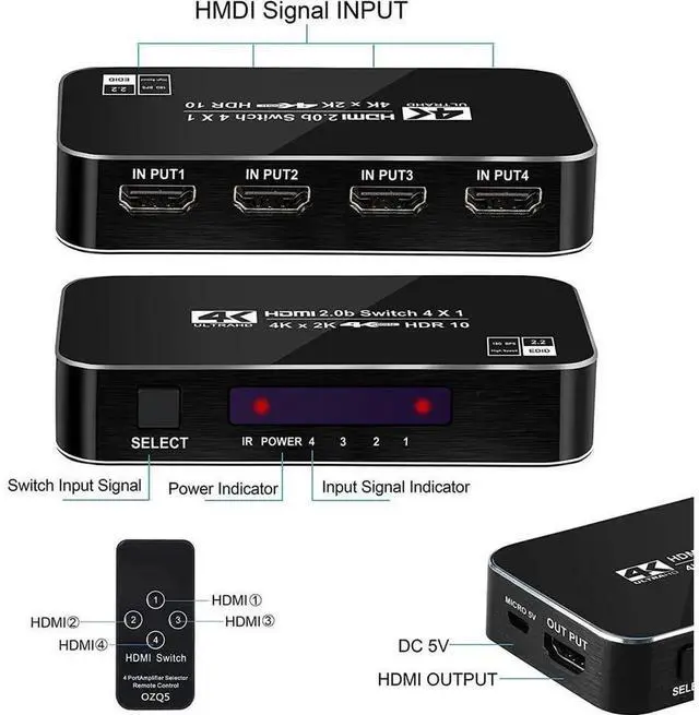 Alt view image 2 of 7 - 4 in 1 Out 4 Port Auto HDMI Switch Box with IR Remote Control, 4K@60Hz 4x1 HDMI Switcher Supports HDCP 2.2, 4K 2K 3D 1080P, Compatible with PS3 PS4 Xbox 360 Roku HDTV Projector Model eokCXOY