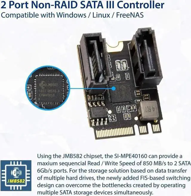Alt view image 3 of 4 - 2 Ports SATA III 6Gbps to M.2 NGFF A+E Key Adapter Card with JMicron JMB582 Chip, Supports 2230 Size M.2 WiFi/Bluetooth Module 22x30mm for Desktop PC Motherboard Expansion