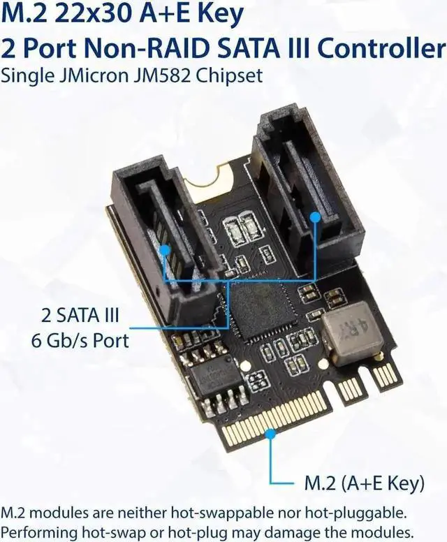 Alt view image 4 of 4 - 2 Ports SATA III 6Gbps to M.2 NGFF A+E Key Adapter Card with JMicron JMB582 Chip, Supports 2230 Size M.2 WiFi/Bluetooth Module 22x30mm for Desktop PC Motherboard Expansion