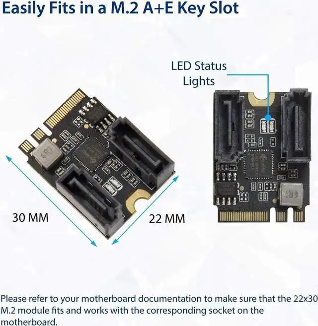 Alt view image 2 of 4 - 2 Ports SATA III 6Gbps to M.2 NGFF A+E Key Adapter Card with JMicron JMB582 Chip, Supports 2230 Size M.2 WiFi/Bluetooth Module 22x30mm for Desktop PC Motherboard Expansion