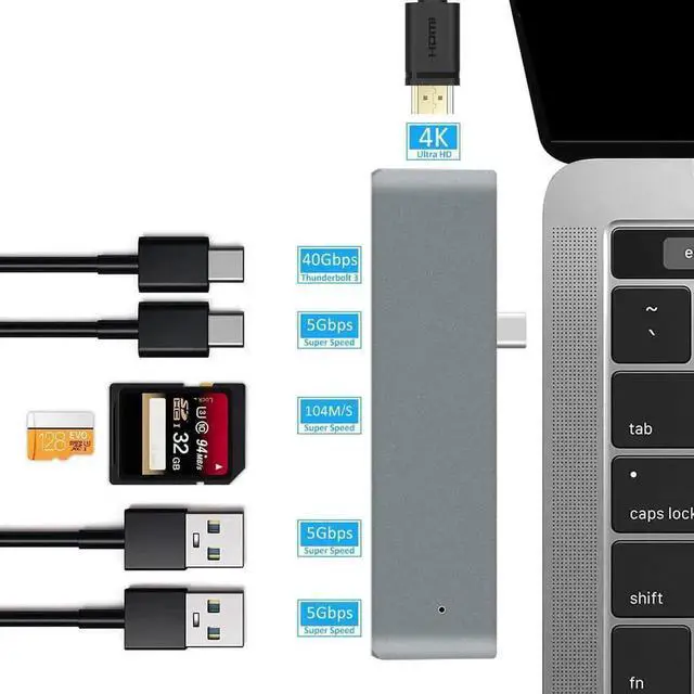 Alt view image 6 of 7 - Gray 5 in 1 Thunderbolt 3 USB C Multiport Hub Adapter, USB 3.1 Type-C Dock with 4K HDMI Output, USB 3.0 Port, TF SD Card Reader and 100W PD Charging for MacBook Pro Air 2016 2017 and Other Type-C Lapt