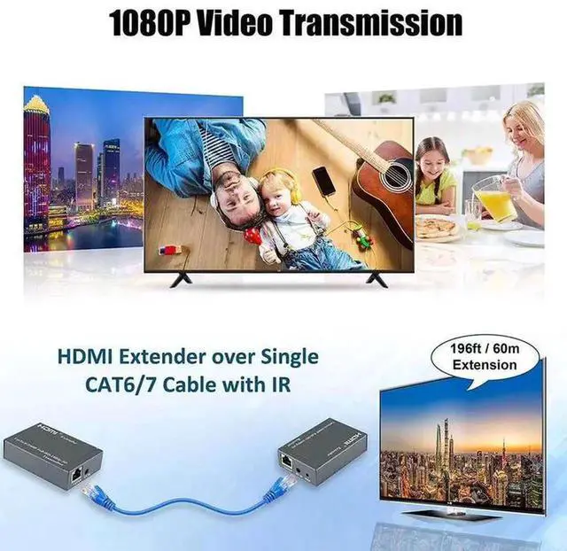 Alt view image 6 of 6 - HDMI Over Single CAT6 Extender Kit 60M Transmission Distance 1080P 60Hz Video Extension Adapter with IR Remote Control & Local Loop Out for Monitor Projector Display Device