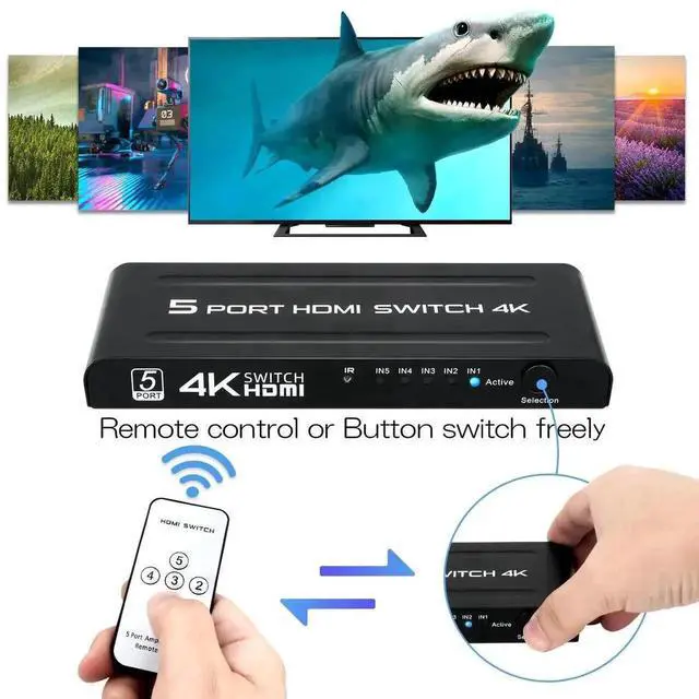 Alt view image 4 of 6 - 5 in 1 Out 4K HDMI Switch Box, 5 Port HDMI Selector Switcher with IR Remote Control & Auto Switch Function, Support 4K@30Hz HDR HDMI 1.4 HDCP 3D 1080P for HDTV Game Consoles Projector Blu-ray Player