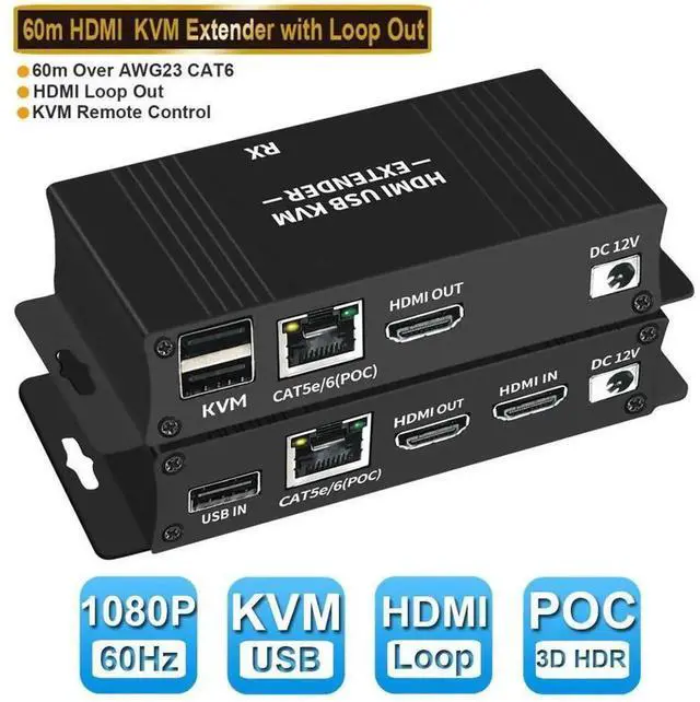 Main image of Black 60M HDMI KVM Over IP Extender Kit, 1080P Full HD Video USB Keyboard Mouse Signal Transmitter Receiver via Cat5e Cat6 Ethernet Cable, 196FT Long Distance Remote Control Extension Adapter