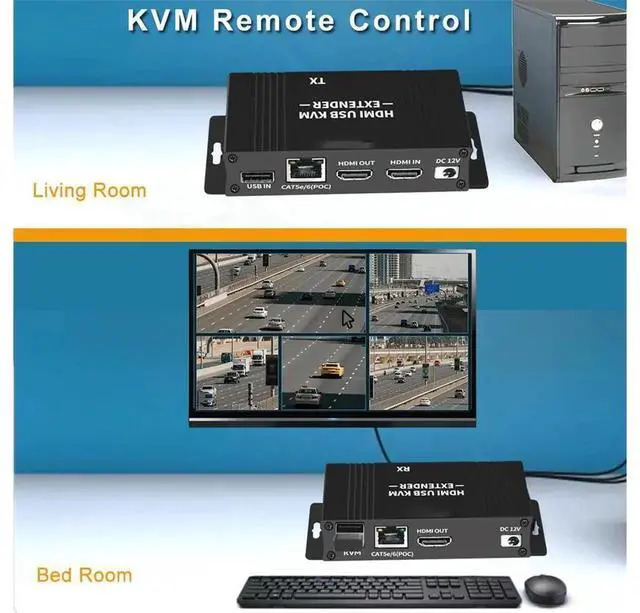 Alt view image 6 of 7 - Black 60M HDMI KVM Over IP Extender Kit, 1080P Full HD Video USB Keyboard Mouse Signal Transmitter Receiver via Cat5e Cat6 Ethernet Cable, 196FT Long Distance Remote Control Extension Adapter