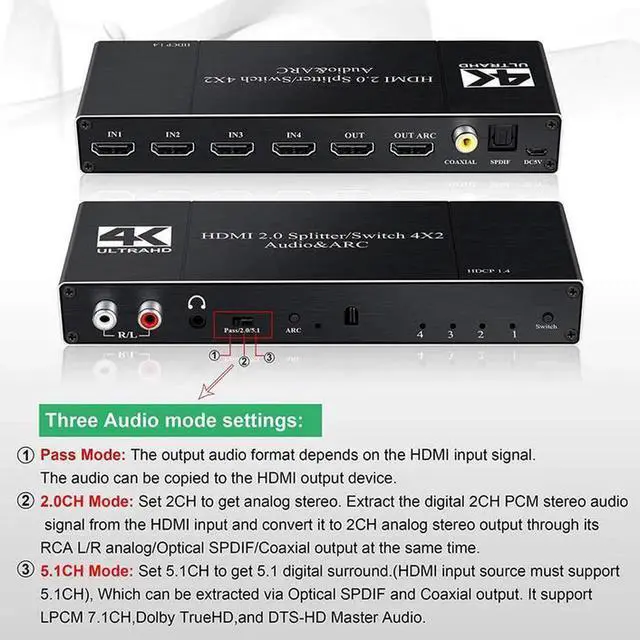 Alt view image 3 of 7 - Torpedo Nova HDMI 2.0 4x2 Matrix Switch with ARC & Audio Extractor, 4K@60Hz HDR HDCP 2.2 Support, Optical SPDIF and 3.5mm Stereo Audio Output for Home Theater & Multi-Display Setup